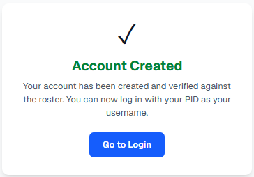 Account Created confirmation screen